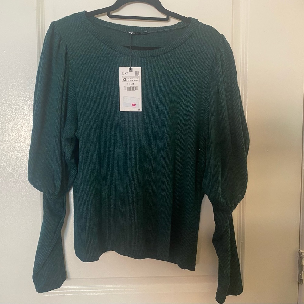 (NWT) Zara Ribbed Blue Green Teal Balloon Sleeve Top, Size Xtra Large - Picture 2 of 3